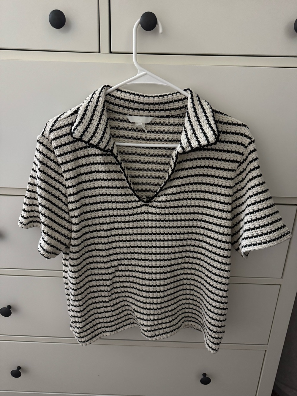 H&M Black & White Striped Knit Polo Tee